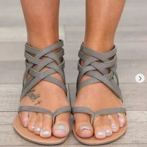 Grey suede criss-cross zipper flat women's sandals